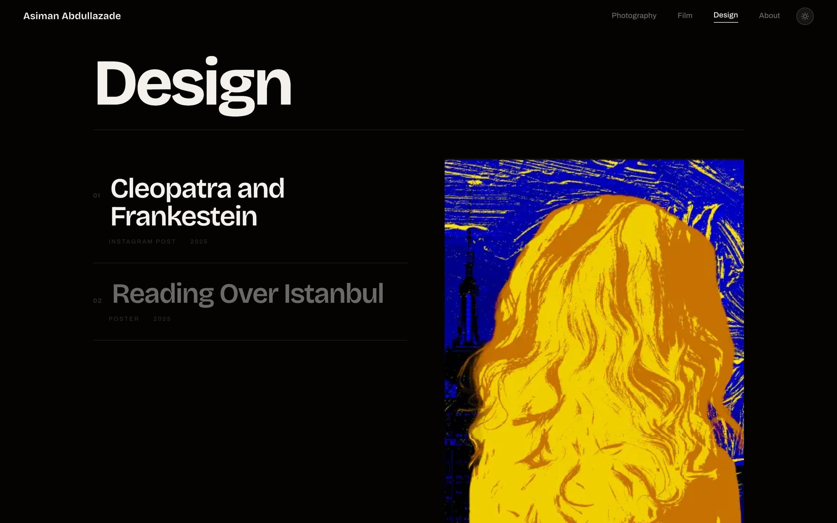 The design room: a list of poster and post work beside a yellow-and-blue illustration.