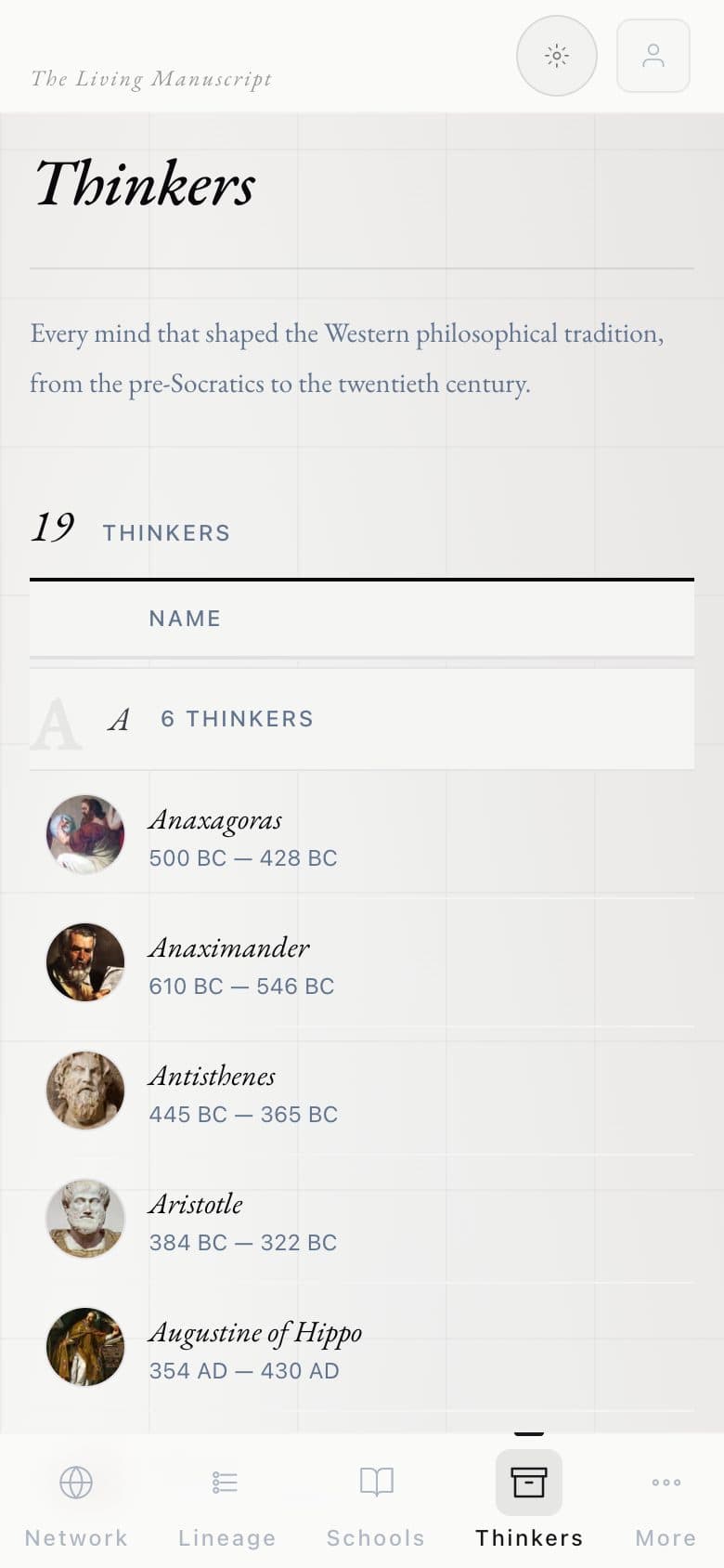 The index of thinkers on a phone, with portraits, eras and branches.