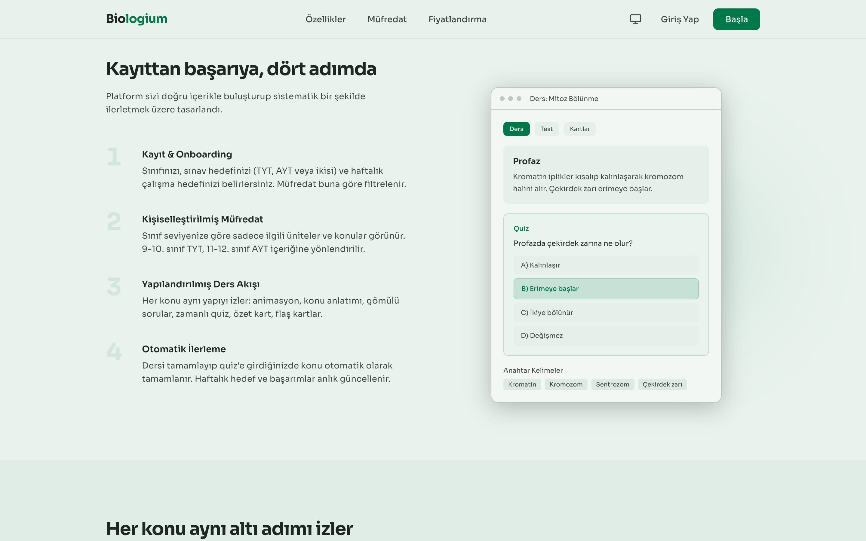 The four steps from sign-up to progress, next to a lesson with its embedded quiz.