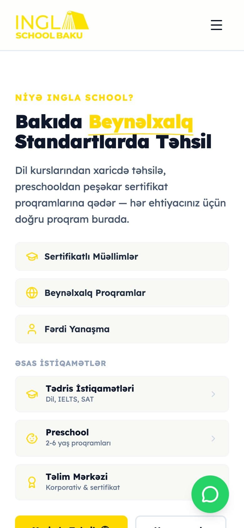 Ingla School’s landing page on a phone.
