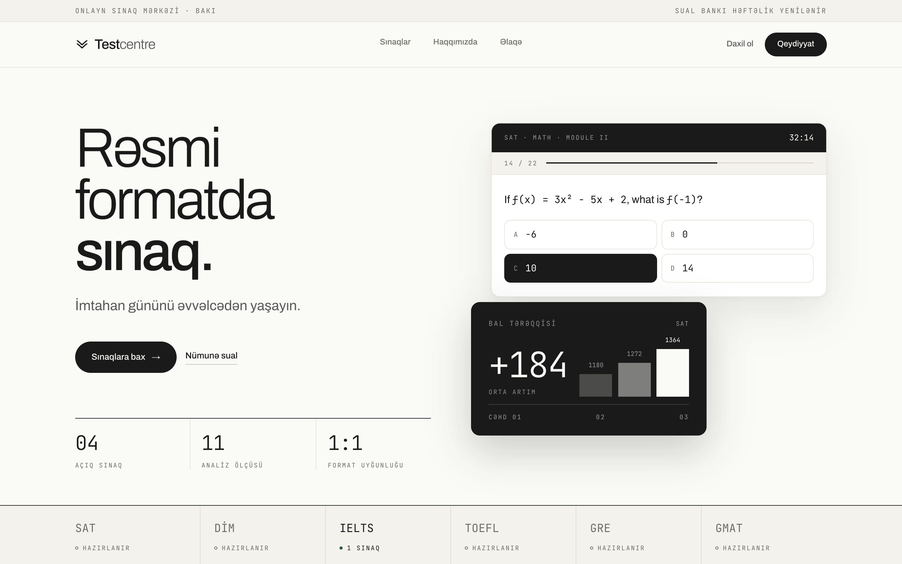 Testcentre’s landing page: “Rəsmi formatda sınaq.” — a mock exam in the official format — beside a live SAT question and a score forecast.
