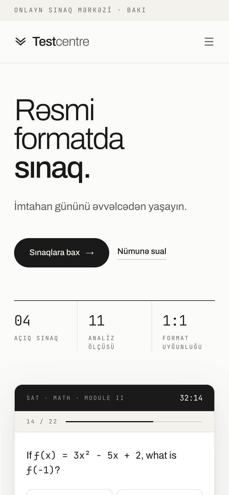 Testcentre’s landing page on a phone.