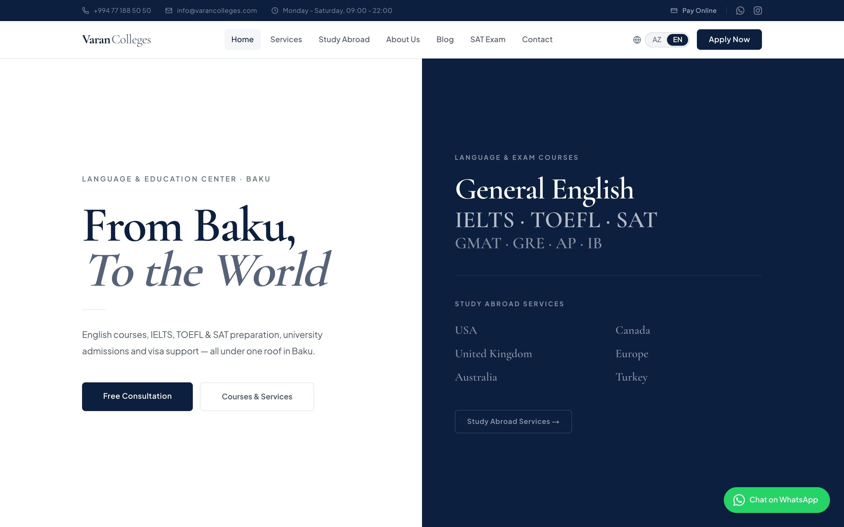 Varan Colleges’ landing page: “From Baku, To the World”, with its courses and destinations on a navy panel.