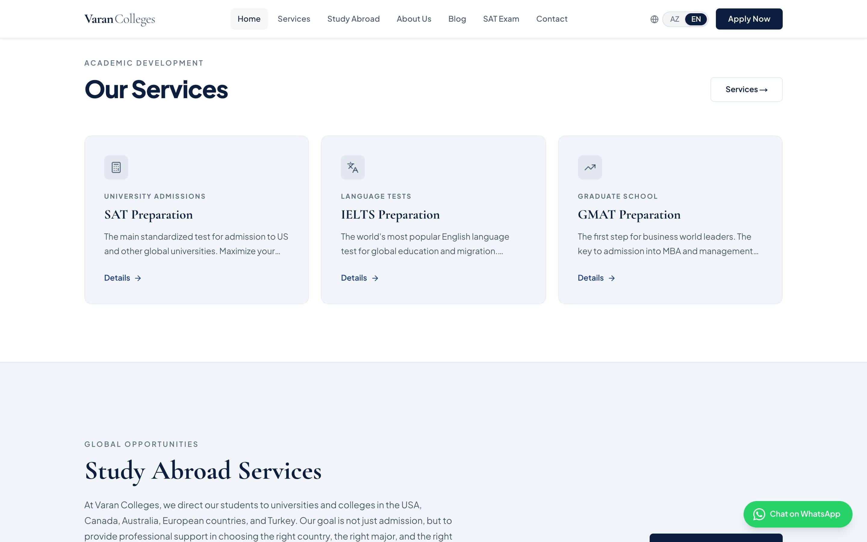 The services: SAT, IELTS and GMAT preparation.
