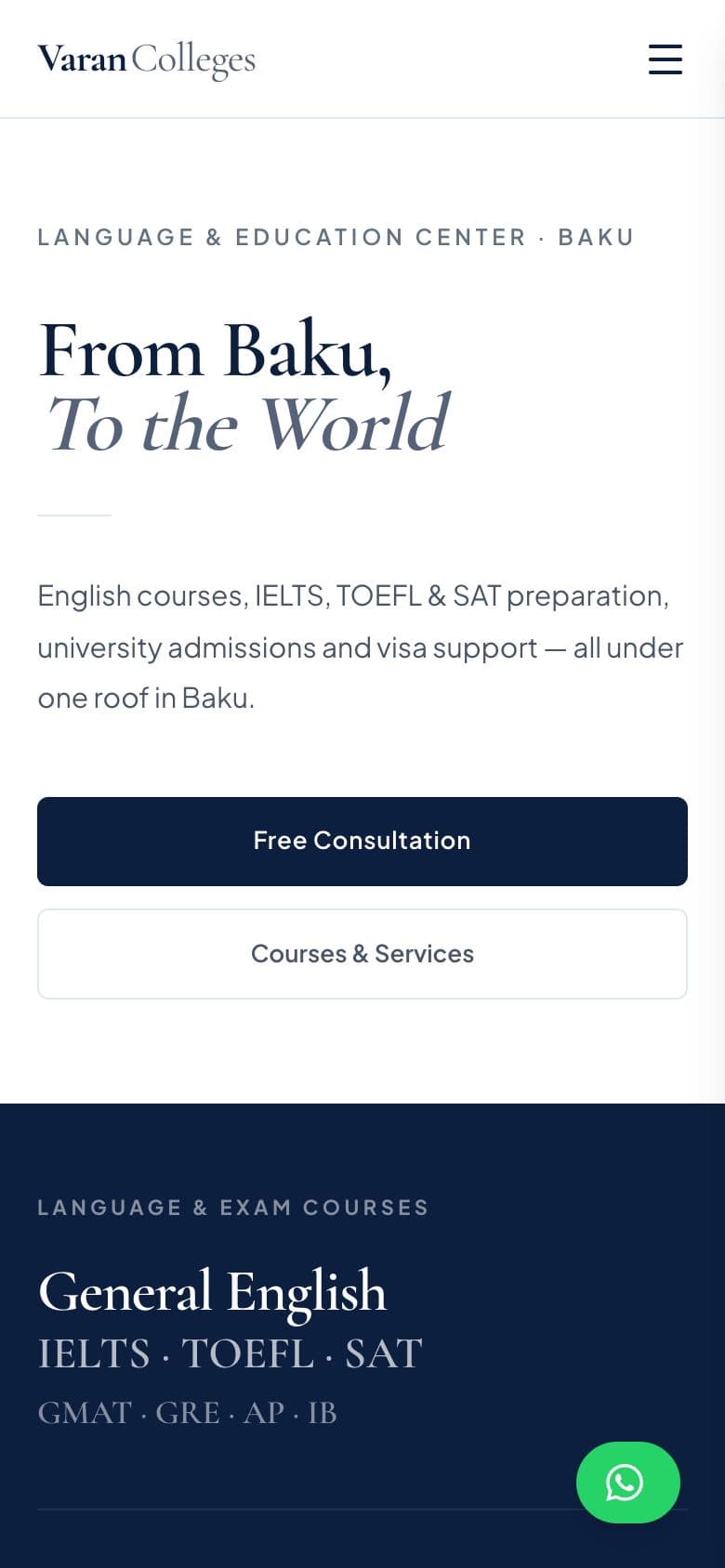 Varan Colleges’ landing page on a phone.