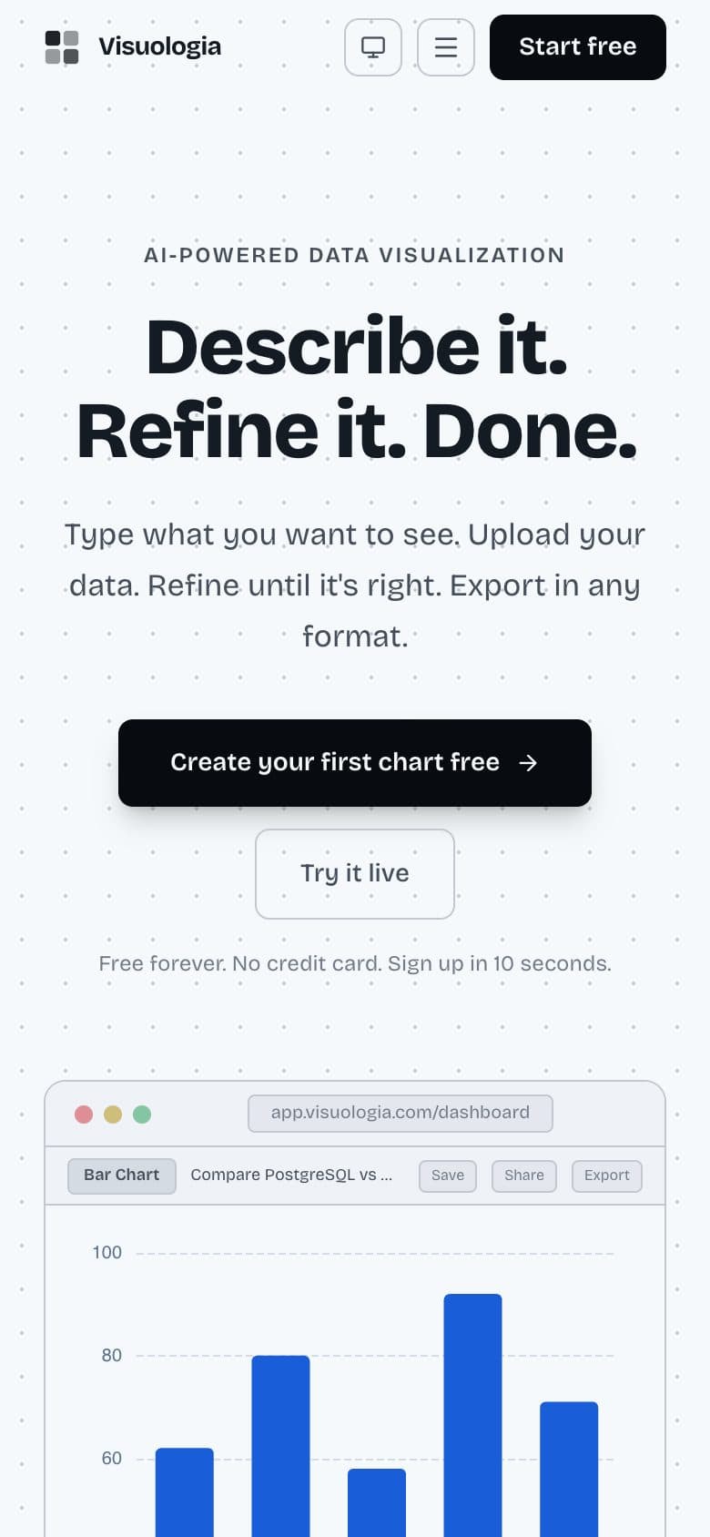 Visuologia’s landing page on a phone.